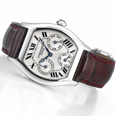 CARTIER - A FINE WHITE GOLD AUTOMATIC TONNEAU-FORM PERPETUAL CALENDAR WRISTWATCH CIRCA 2000 COLLECTION PRIV
