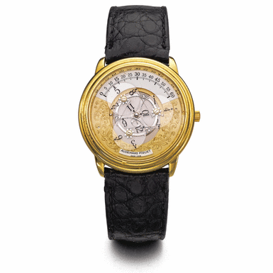 Property from a Colorado Estate - AUDEMARS PIGUET - AN 18K YELLOW GOLD AUTOMATIC WRISTWATCH WITH WANDERING HOURS CIRCA 1990 STAR WHEEL