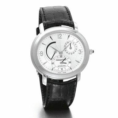 AUDEMARS PIGUET - AN 18K WHITE GOLD OVAL AUTOMATIC DUAL TIME ZONE WRISTWATCH WITH POWER RESERVE AND DATE CIRCA 2005 MILLENARY