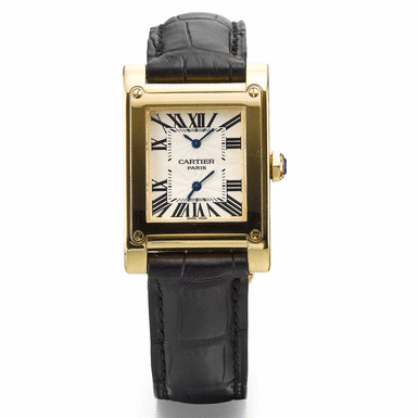 CARTIER - A YELLOW GOLD RECTANGULAR DUAL TIME ZONE WRISTWATCH CIRCA 2003 TANK A V