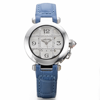 CARTIER - A LADY'S WHITE GOLD AND DIAMOND-SET AUTOMATIC SWEEP SECONDS WRISTWATCH WITH DATE CIRCA 2005 PASHA