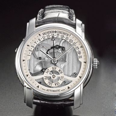 VACHERON CONSTANTIN - A FINE LIMITED EDITION PLATINUM SKELETONIZED AUTOMATIC WRISTWATCH WITH DAY AND RETROGRADE DATE CIRCA 2004 REF 47247 NO 28/247