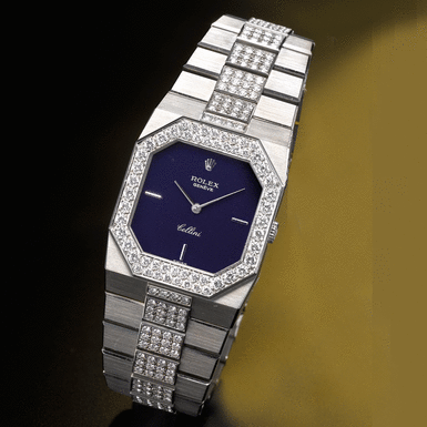 ROLEX - A WHITE GOLD AND DIAMOND-SET RECTANGULAR BRACELET WATCH CIRCA 1980 REF 4652 CELLINI