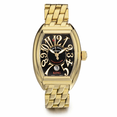 Various Owners - FRANCK MULLER - AN OVERSIZED 18K YELLOW GOLD CURVED TONNEAU AUTOMATIC WRISTWATCH WITH DATE AND BRACELET CIRCA 2005 REF 8005 SC CONQUISTADOR KING NO 20