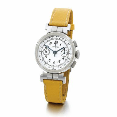 LONGINES - A STAINLESS STEEL FLYBACK CHRONOGRAPH WRISTWATCH WITH REGISTERS CIRCA 1936
