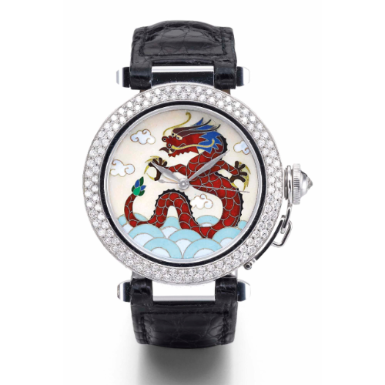 CARTIER - A LIMITED EDITION WHITE GOLD AND DIAMOND-SET AUTOMATIC SWEEP SECONDS WRISTWATCH WITH CLOISONN