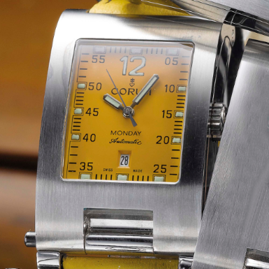 CORUM - A STAINLESS STEEL RECTANGULAR AUTOMATIC SWEEP SECONDS WRISTWATCH WITH DATE CIRCA 1998 TABOGAN