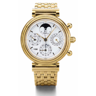 IWC - A YELLOW GOLD AUTOMATIC PERPETUAL CALENDAR CHRONOGRAPH WRISTWATCH WITH REGISTERS, MOON-PHASES, LEAP-YEAR INDICATION AND BRACELET CIRCA 1995 DA VINCI