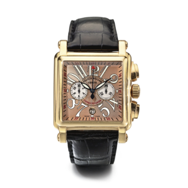 FRANCK MULLER - AN OVERSIZED 18K PINK GOLD CURVED SQUARE AUTOMATIC CHRONOGRAPH WRISTWATCH WITH REGISTERS AND DATE CIRCA 2005 REF 1000 CC CORTEZ CONQUISTADOR NO 229