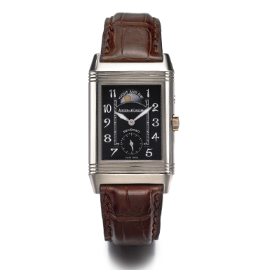 JAEGER-LECOULTRE - AN 18K WHITE GOLD DOUBLE DIALLED RECTANGULAR DUAL TIME ZONE WRISTWATCH WITH 24-HOUR INDICATION CIRCA 2005 REVERSO NIGHT AND DAY