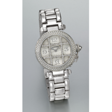 CARTIER - AN 18K WHITE GOLD AND DIAMOND-SET AUTOMATIC SWEEP SECONDS WRISTWATCH WITH DATE AND BRACELET CIRCA 1995 PASHA