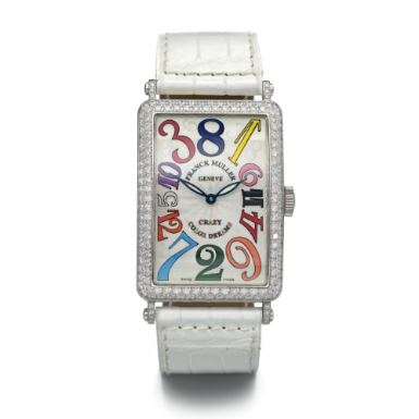 FRANCK MULLER - A LARGE 18K WHITE GOLD AND DIAMOND-SET AUTOMATIC CURVED RECTANGULAR WRISTWATCH CIRCA 2004 REF 1200 CH D CRAZY COLOR DREAMS NO 13