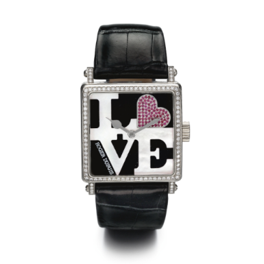 ROGER DUBUIS - AN 18K WHITE GOLD AND DIAMOND- AND RUBY-SET CURVED SQUARE WRISTWATCH WITH MOTHER-OF-PEARL DIAL CIRCA 2005 GOLDEN SQUARE 'LOVE' NO 1/28