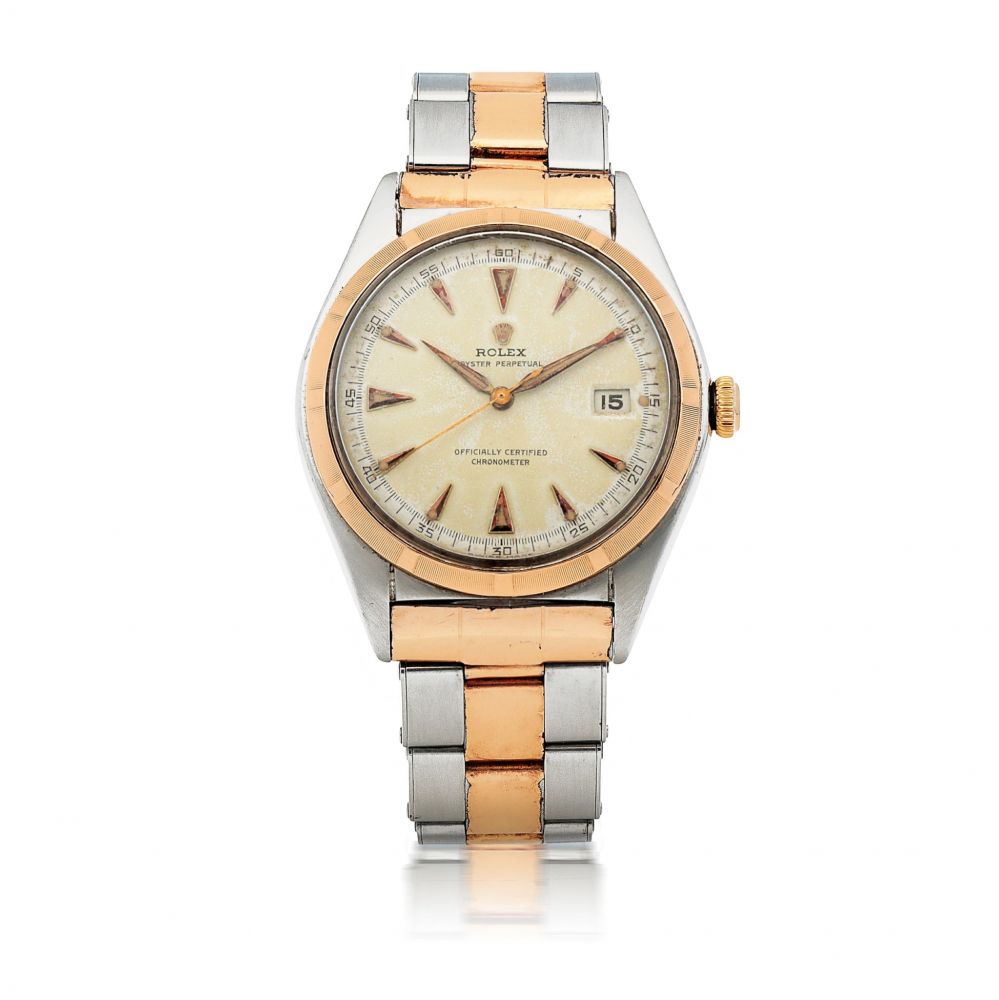 ROLEX | 'BUBBLEBACK' OYSTER PERPETUAL, REF 5031 STAINLESS STEEL AND PINK GOLD WRISTWATCH WITH DATE AND BRACELET CIRCA 1948