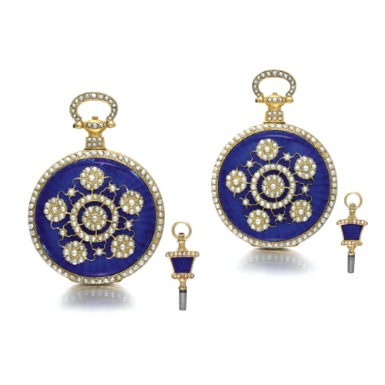 JUST & SON - A PAIR OF GILT METAL, ENAMEL AND PEARL-SET CENTRE SECONDS OPEN-FACED WATCHES MADE FOR THE CHINESE MARKET CIRCA 1800