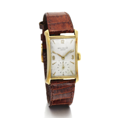PATEK PHILIPPE - AN 18K YELLOW GOLD RECTANGULAR WRISTWATCH WITH FLARED SIDES 1950 REF 2468J MVT 972643 CASE 659107