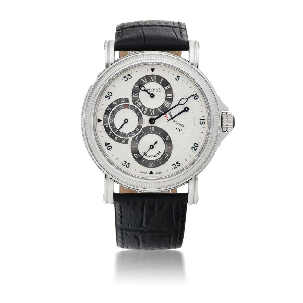 PAUL PICOT | ATELIER CHRONOMETER, REF 3040 SG STAINLESS STEEL WRISTWATCH WITH DATE, POWER-RESERVE INDICATION AND REGULATOR DIAL CIRCA 2005