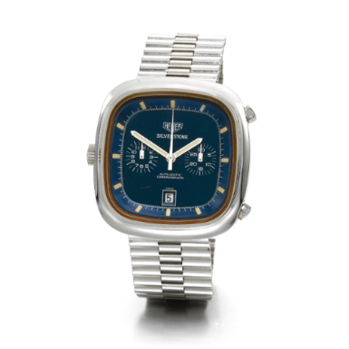 HEUER - AN OVERSIZED STAINLESS STEEL RECTANGULAR AUTOMATIC CHRONOGRAPH WRISTWATCH WITH REGISTERS, DATE AND BRACELET CIRCA 1974 SILVERSTONE