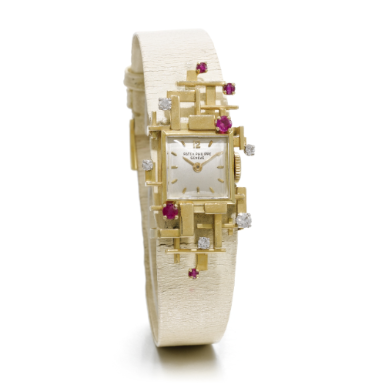 PATEK PHILIPPE - A RARE LADY'S RECTANGULAR 18K YELLOW GOLD, DIAMOND AND RUBY WRISTWATCH 1958 REF 3086J MVT 949831 CASE 2602442