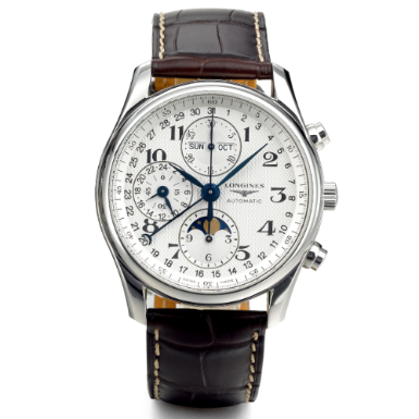 LONGINES - A STAINLESS STEEL AUTOMATIC TRIPLE CALENDAR CHRONOGRAPH WRISTWATCH WITH REGISTERS, MOON-PHASES AND 24-HOUR INDICATION CIRCA 2000