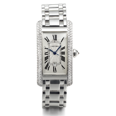 CARTIER - A WHITE GOLD AND DIAMOND-SET RECTANGULAR AUTOMATIC SWEEP SECONDS WRISTWATCH WITH DATE AND BRACELET CIRCA 2000 TANK AM