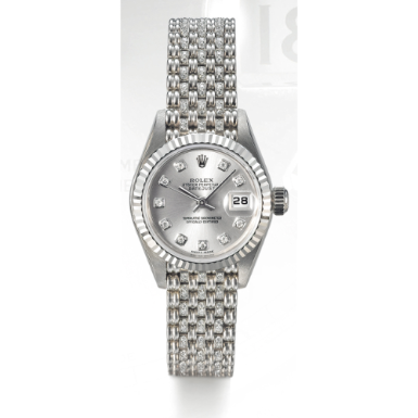 ROLEX - A LADY'S WHITE GOLD AND DIAMOND-SET AUTOMATIC SWEEP SECONDS WRISTWATCH WITH DATE AND BRACELET CIRCA 2001 REF 79179 DATEJUST