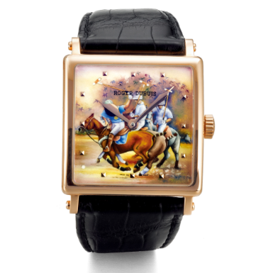 ROGER DUBUIS - A LIMITED EDITION PINK GOLD AUTOMATIC SQUARE WRISTWATCH WITH POLYCHROME ENAMEL DIAL CIRCA 2007 GOLDEN SQUARE NO 01/28