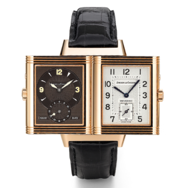 JAEGER-LECOULTRE - A PINK GOLD RECTANGULAR DUAL TIME DOUBLE DIALED WRISTWATCH WITH DAY/NIGHT INDICATION CIRCA 2000 REVERSO DUOFACE