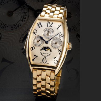 FRANCK MULLER - A YELLOW GOLD TONNEAU-FORM MINUTE REPEATING PERPETUAL CALENDAR WRISTWATCH WITH MOON-PHASES AND BRACELET CIRCA 1995 REF 2851 RM QP NO 00