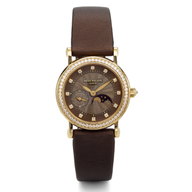 PATEK PHILIPPE - A LADY'S FINE YELLOW GOLD AND DIAMOND-SET WRISTWATCH WITH MOON-PHASES CIRCA 2004 REF 4858J MVT 3116617 CASE 4267794