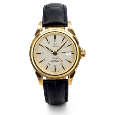 OMEGA - A YELLOW GOLD AUTOMATIC SWEEP SECONDS WRISTWATCH WITH DATE AND 24-HOUR INDICATION CIRCA 2005 DE VILLE CO-AXIAL GMT