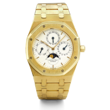 AUDEMARS PIGUET - A YELLOW GOLD OCTAGONAL AUTOMATIC PERPETUAL CALENDAR BRACELET WATCH CIRCA 1993 ROYAL OAK