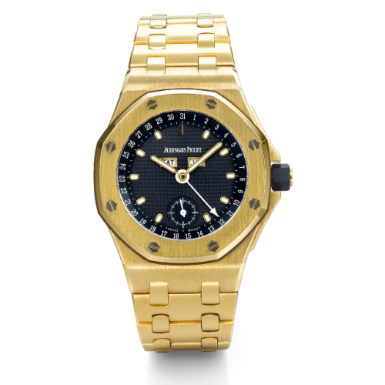 AUDEMARS PIGUET - A YELLOW GOLD AUTOMATIC TRIPLE CALENDAR BRACELET WATCH CIRCA 1990 ROYAL OAK OFFSHORE NO 058