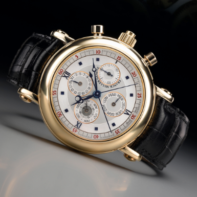 FRANCK MULLER - POSSIBLY A UNIQUE AND IMPORTANT YELLOW GOLD TOURBILLON PERPETUAL CALENDAR SPLIT SECONDS CHRONOGRAPH WRISTWATCH WITH REGISTER AND LEAP YEAR INDICATION CIRCA 1992 WORLD PREMIER NO 01