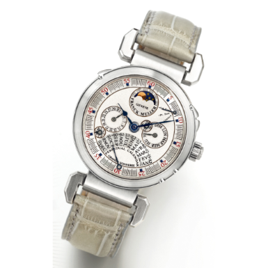 FRANCK MULLER - A VERY RARE AND IMPORTANT WHITE GOLD GRANDE AND PETITE SONNERIE MINUTE REPEATING PERPETUAL CALENDAR CHRONOGRAPH WRISTWATCH WITH EQUATION OF TIME, MOON-PHASES AND 24-HOUR INDICATION CIRCA 1997 REF GS QP NO 00