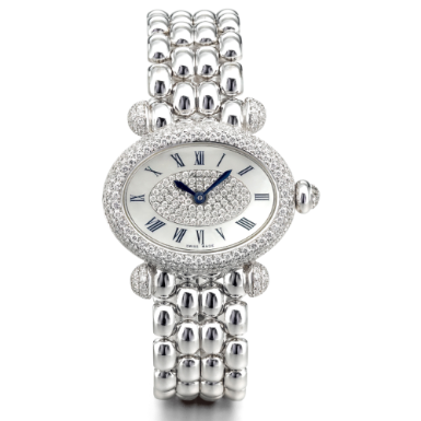 CHOPARD - A LADY'S WHITE GOLD AND DIAMOND-SET OVAL BRACELET WATCH WITH MOTHER-OF-PEARL DIAL CIRCA 2000