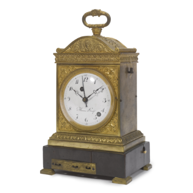 MEURON & COMP. - A RARE GILT BRONZE AND MAHOGANY GRAND AND PETITE SONNERIE PENDULE D'OFFICIER WITH MUSIC, ALARM AND REPEAT CIRCA 1800