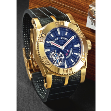 ROGER DUBUIS - A LIMITED EDITION OVERSIZED 18K PINK GOLD CAMBERED SQUARE TOURBILLON WRISTWATCH CIRCA 2005 EASYDIVER SPORTS ACTIVITY WATCH JUST FOR FRIENDS NO 4/28
