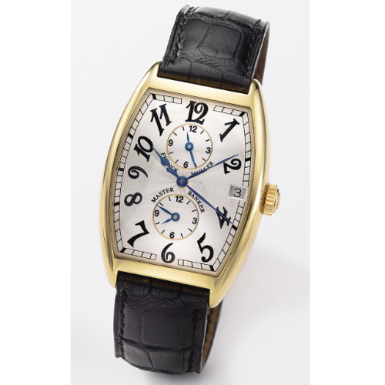 FRANCK MULLER - AN 18K YELLOW GOLD CURVED TONNEAU AUTOMATIC SWEEP SECONDS TRIPLE TIME ZONE WRISTWATCH WITH DATE CIRCA 2000 REF 2852 MB MASTER BANKER NO 19