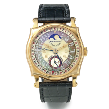 Various Owners - ROGER DUBUIS - A LIMITED EDITION 18K PINK GOLD AND MOTHER OF PEARL CAMBERED SQUARE AUTOMATIC BIRETROGRADE PERPETUAL CALENDAR WRISTWATCH WITH MOON-PHASES CIRCA 2000 SYMPATHIE NO 6/28