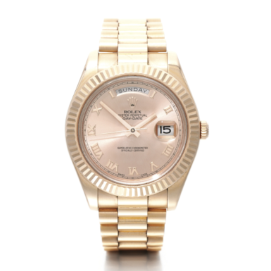 ROLEX - AN 18K PINK GOLD AUTOMATIC CENTRE SECONDS WRISTWATCH WITH DAY, DATE AND BRACELET CIRCA 2008 REF 218235 DAY-DATE