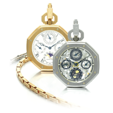 AUDEMARS PIGUET - A PLATINUM SKELETONISED PERPETUAL CALENDAR KEYLESS LEVER WATCH TOGETHER WITH AN 18K PINK GOLD PERPETUAL CALENDAR KEYLESS LEVER WATCH CIRCA 1990 ROYAL OAK NO 2