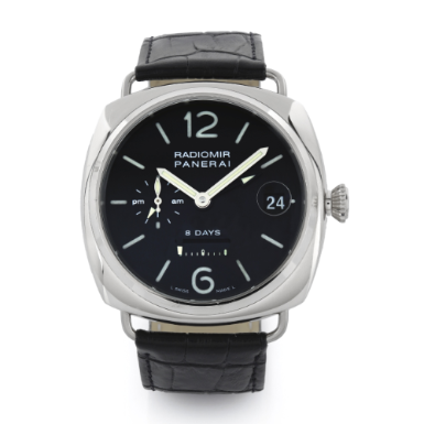 PANERAI - A LIMITED EDITION OVERSIZED 18k WHITE GOLD TWO TIME ZONE CUSHION FORM WRISTWATCH WITH DATE AND POWER RESERVE CIRCA 2005 RADIOMIR 8 DAYS GMT
