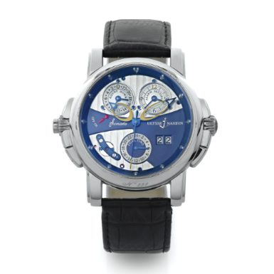 ULYSSE NARDIN - A LARGE 18K WHITE GOLD TWO TIME ZONE WRISTWATCH WITH ALARM CENTRE SECONDS AND DATE CIRCA 2006 SONATA CATHEDRAL