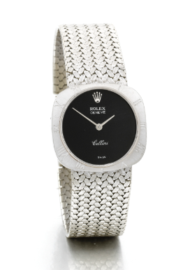 ROLEX - A LADY'S 18K WHITE GOLD CUSHION FORM BRACELET WATCH CIRCA 1975 REF 3817 CELLINI