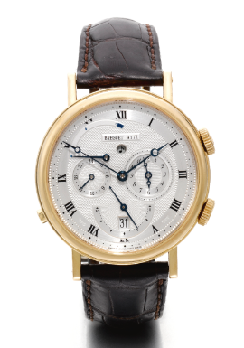BREGUET - AN 18K YELLOW GOLD AUTOMATIC DUAL TIME WRISTWATCH WITH ALARM, DATE AND POWER RESERVE CIRCA 2004 REVEIL DU TSAR