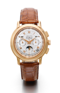 ZENITH - AN 18K PINK GOLD AUTOMATIC CHRONOGRAPH WRISTWATCH WITH TRIPLE CALENDAR AND MOON-PHASES CIRCA 2002 CHRONOMASTER EL PRIMERO