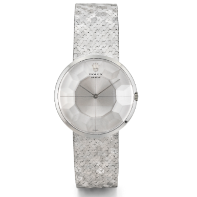 ROLEX - A WHITE GOLD BRACELET WATCH WITH FACETED CRYSTAL CIRCA 1980 REF 3559