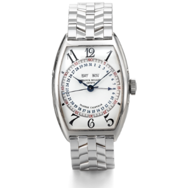 FRANCK MULLER - A WHITE GOLD TONNEAU-FORM AUTOMATIC TRIPLE CALENDAR SWEEP SECONDS WRISTWATCH WITH BRACELET CIRCA 1999 REF 5850 MC MASTER CALENDAR NO 149