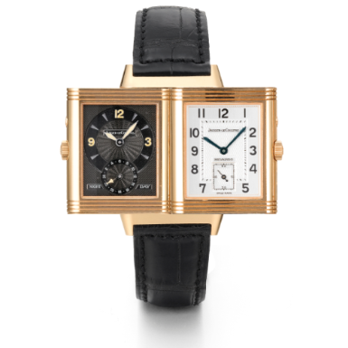 JAEGER-LECOULTRE - A PINK GOLD RECTANGULAR DUAL TIME DOUBLE DIALED WRISTWATCH WITH DAY/NIGHT INDICATION CIRCA 2000 REVERSO DUOFACE